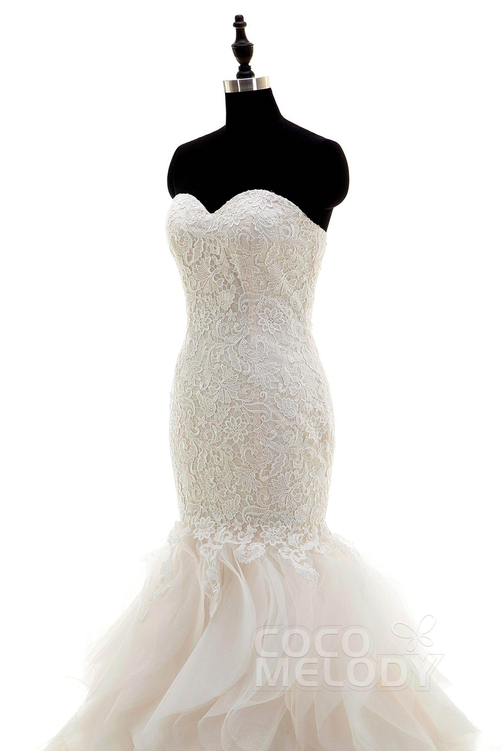 Mermaid Court Train Lace and Organza Wedding Dress LWLT15032 - COCOMELODY