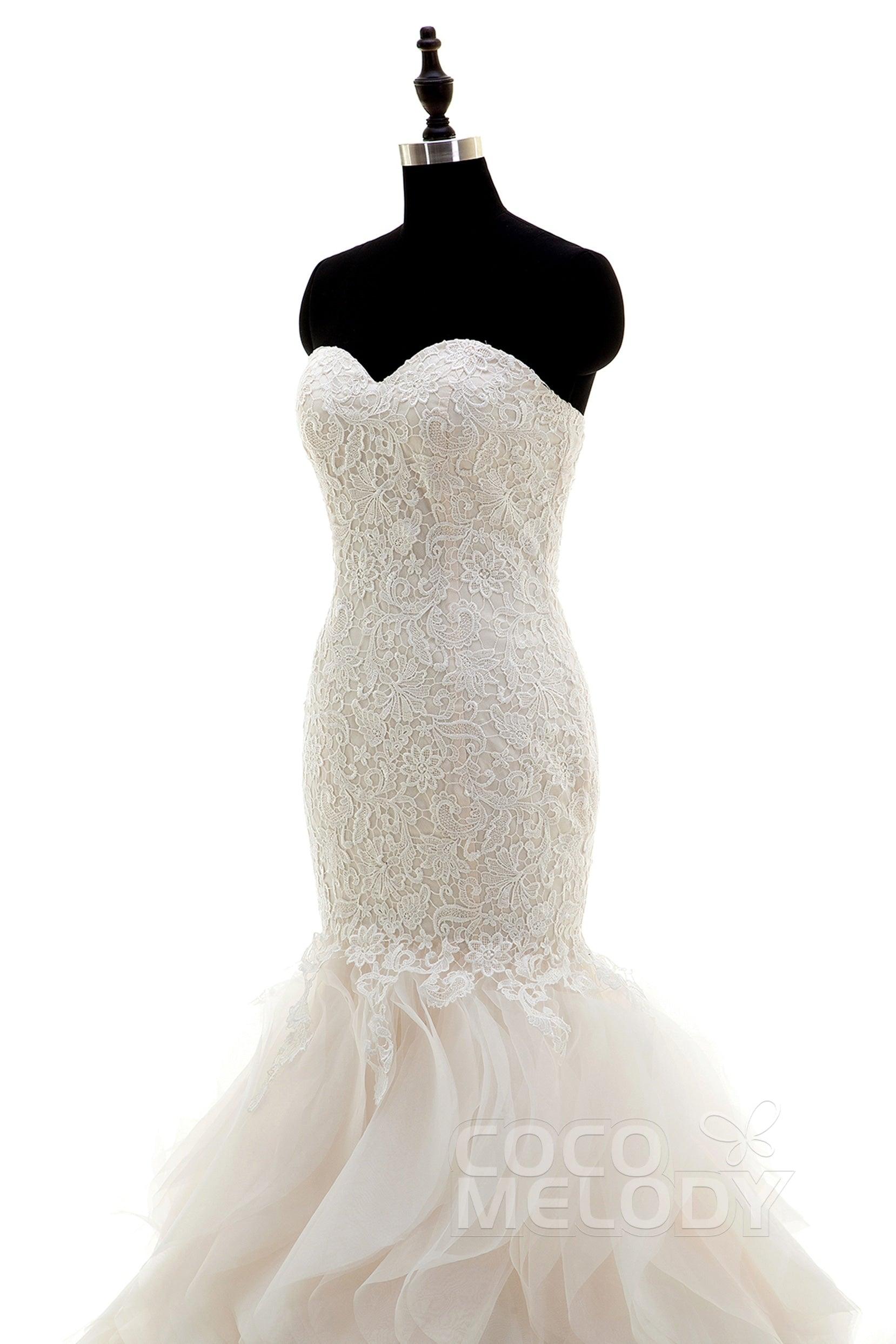 Mermaid Court Train Lace and Organza Wedding Dress LWLT15032 - COCOMELODY