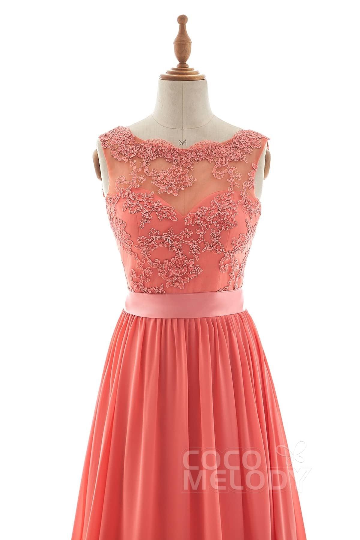 A-Line Sweep-Brush Train Tulle Lace Chiffon Dress NB3328 - COCOMELODY