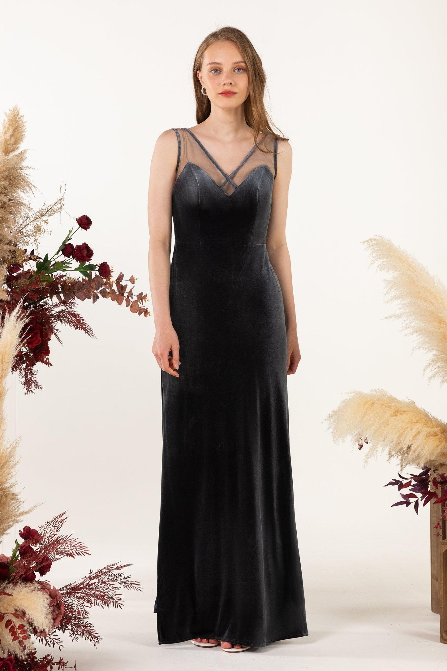 Sheath-Column Floor Length Velvet Bridesmaid Dress Formal Dresses CB0532 - COCOMELODY
