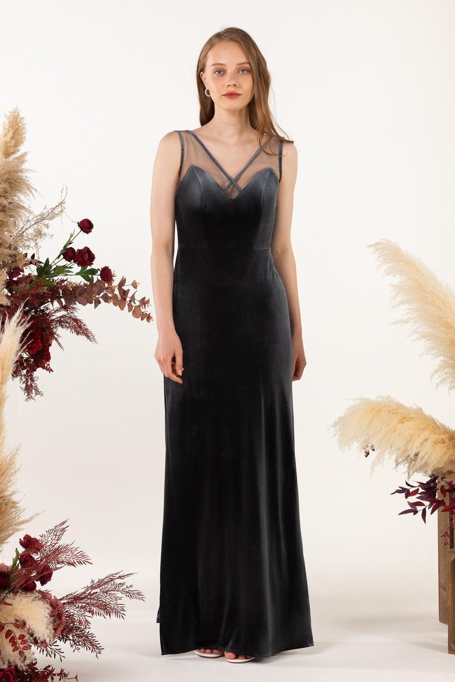 Sheath-Column Floor Length Velvet Bridesmaid Dress Formal Dresses CB0532