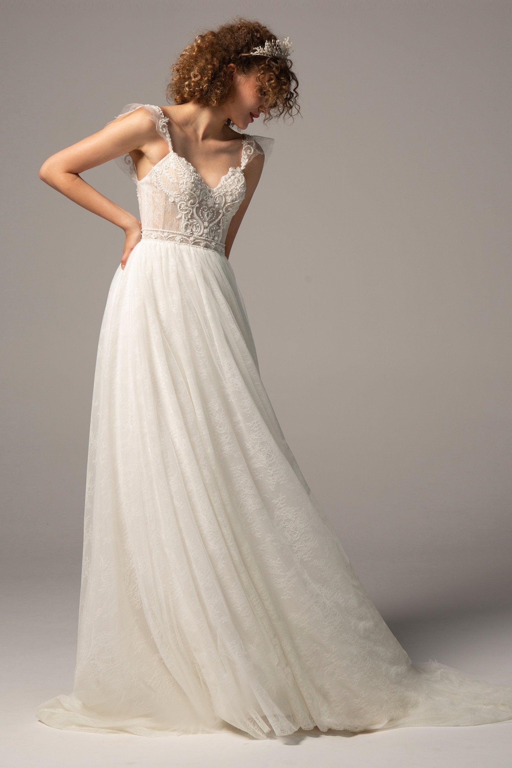 A-Line Court Train Lace Wedding Dress CW2378 - COCOMELODY