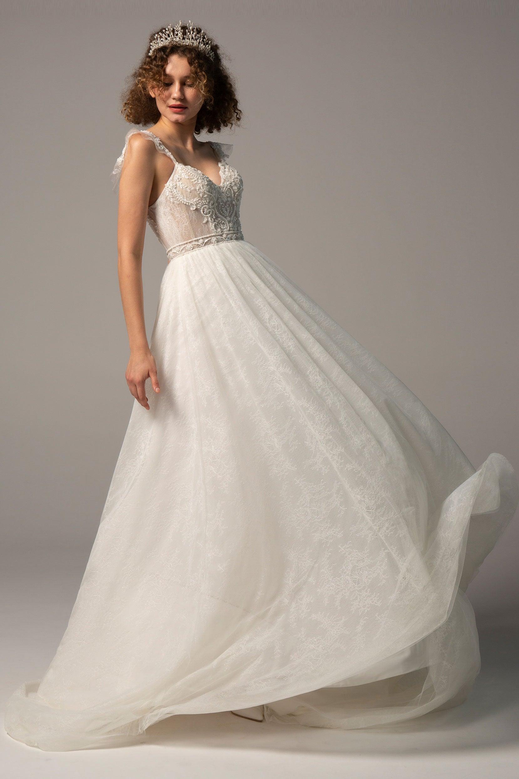 A-Line Court Train Lace Wedding Dress CW2378 - COCOMELODY