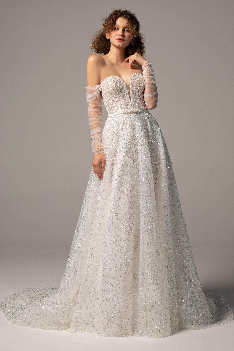 Black V Neck Detachable Long Sleeves Beade Appliqued Lace Court Train Wedding Dress main image 1