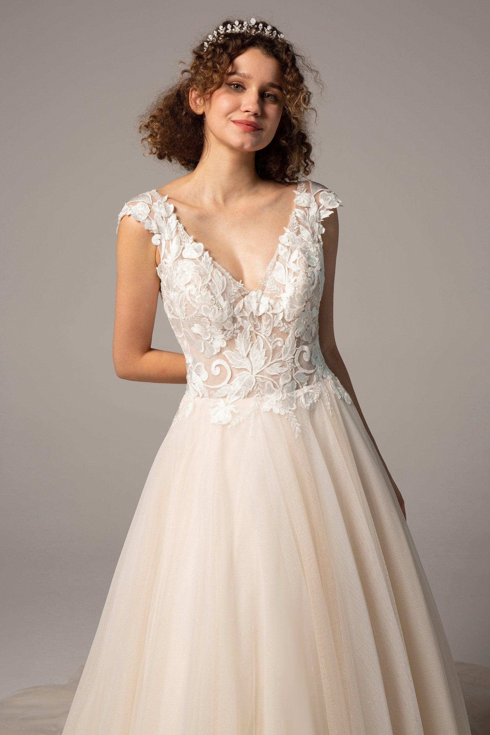 A-Line Chapel Train Tulle Wedding Dress CW2385 - COCOMELODY