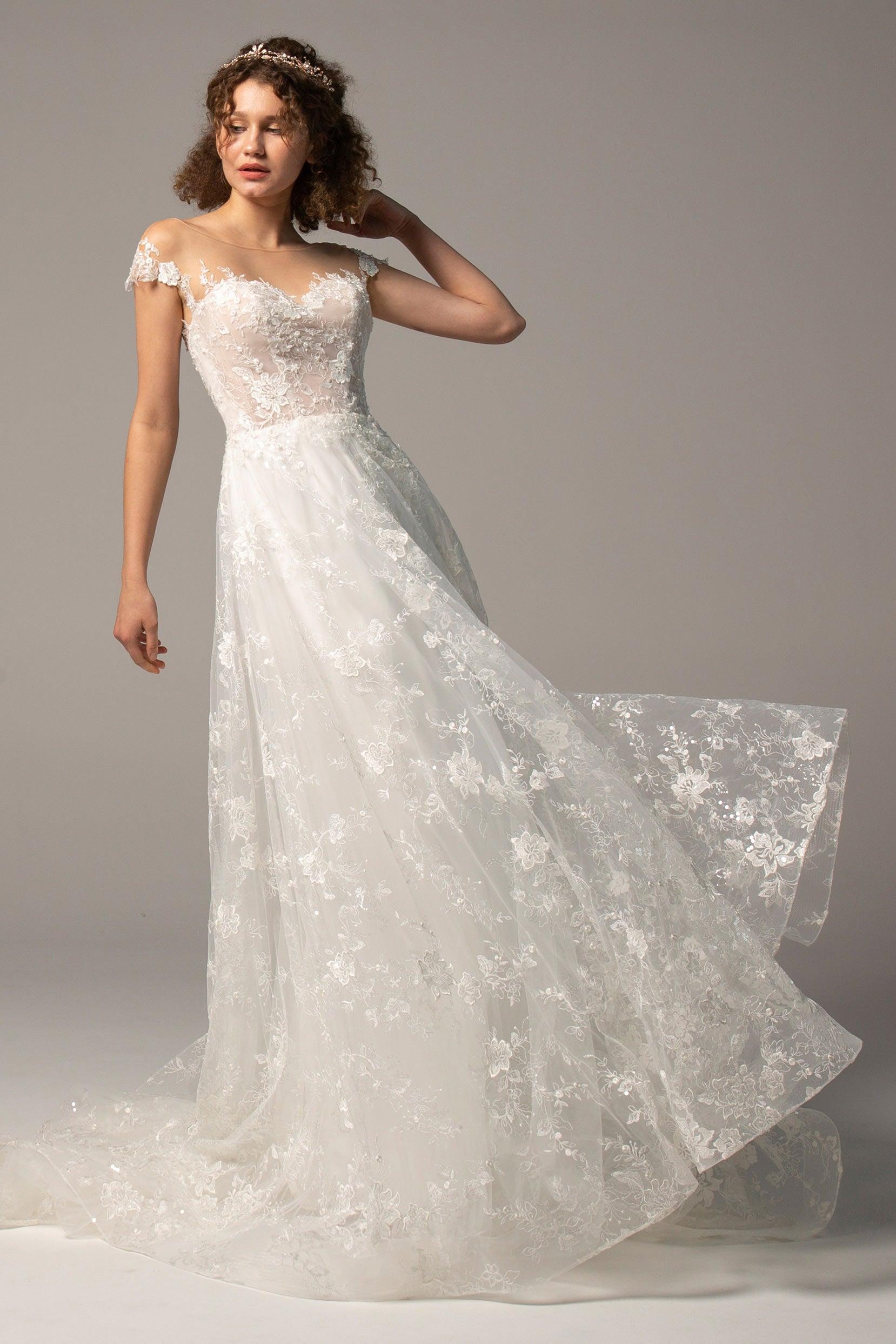 A-Line Court Train Lace Knitted Fabric Wedding Dress CW2356 - COCOMELODY