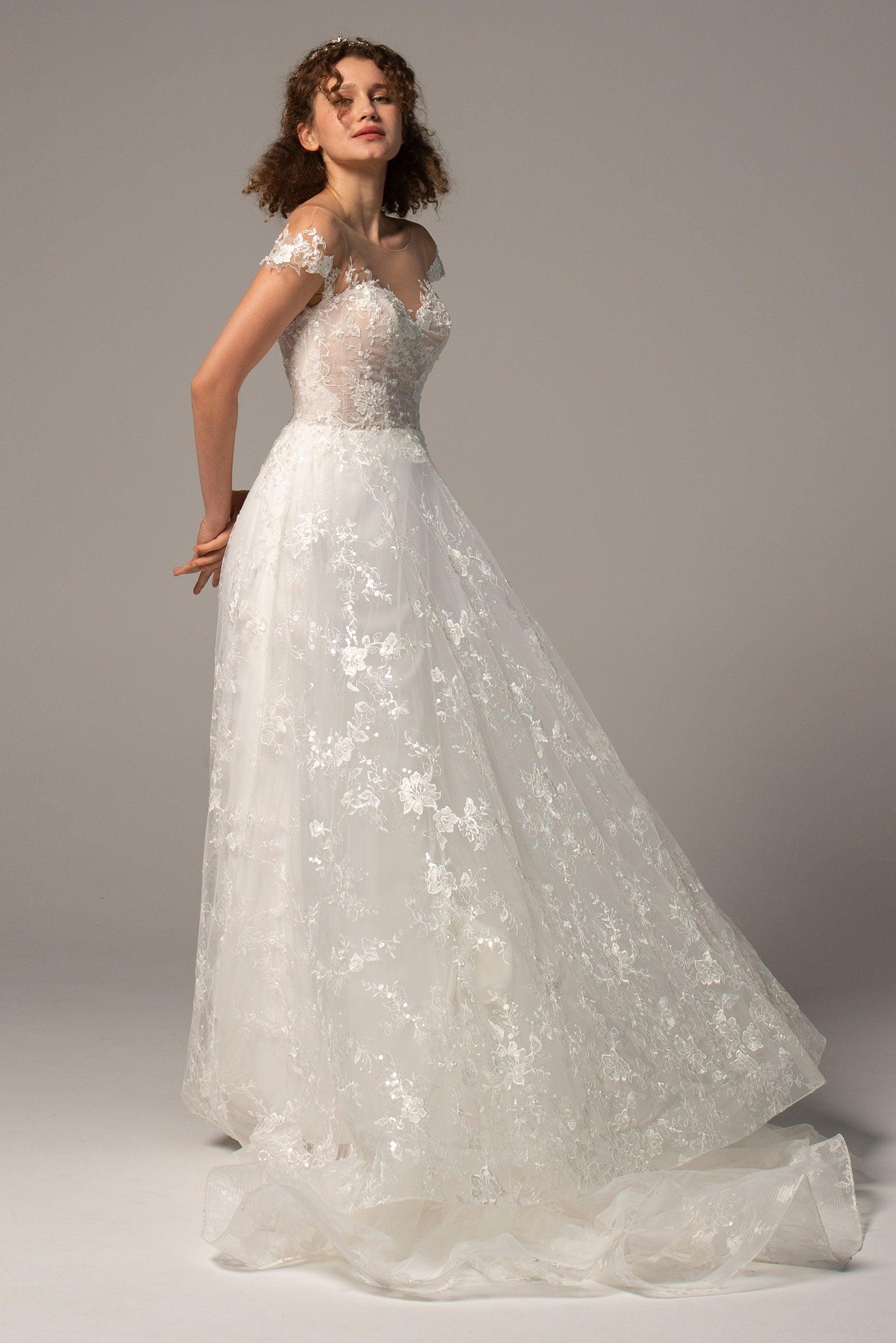 A-Line Court Train Lace Knitted Fabric Wedding Dress CW2356 - COCOMELODY
