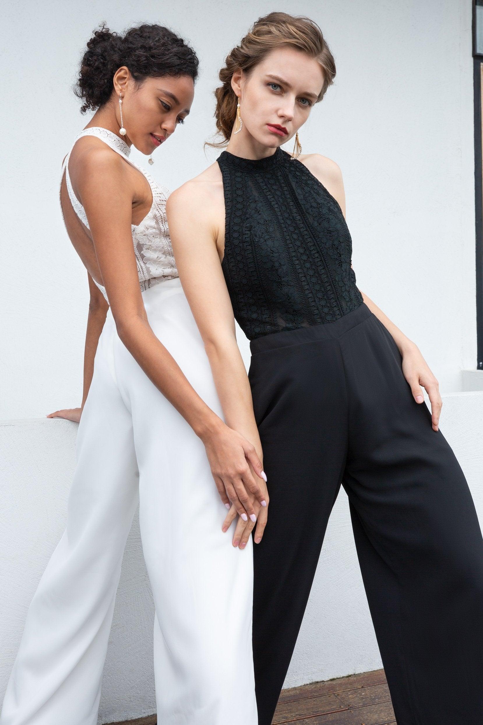 Floor Length Chiffon Lace Wedding Jumpsuit CW2354 - COCOMELODY