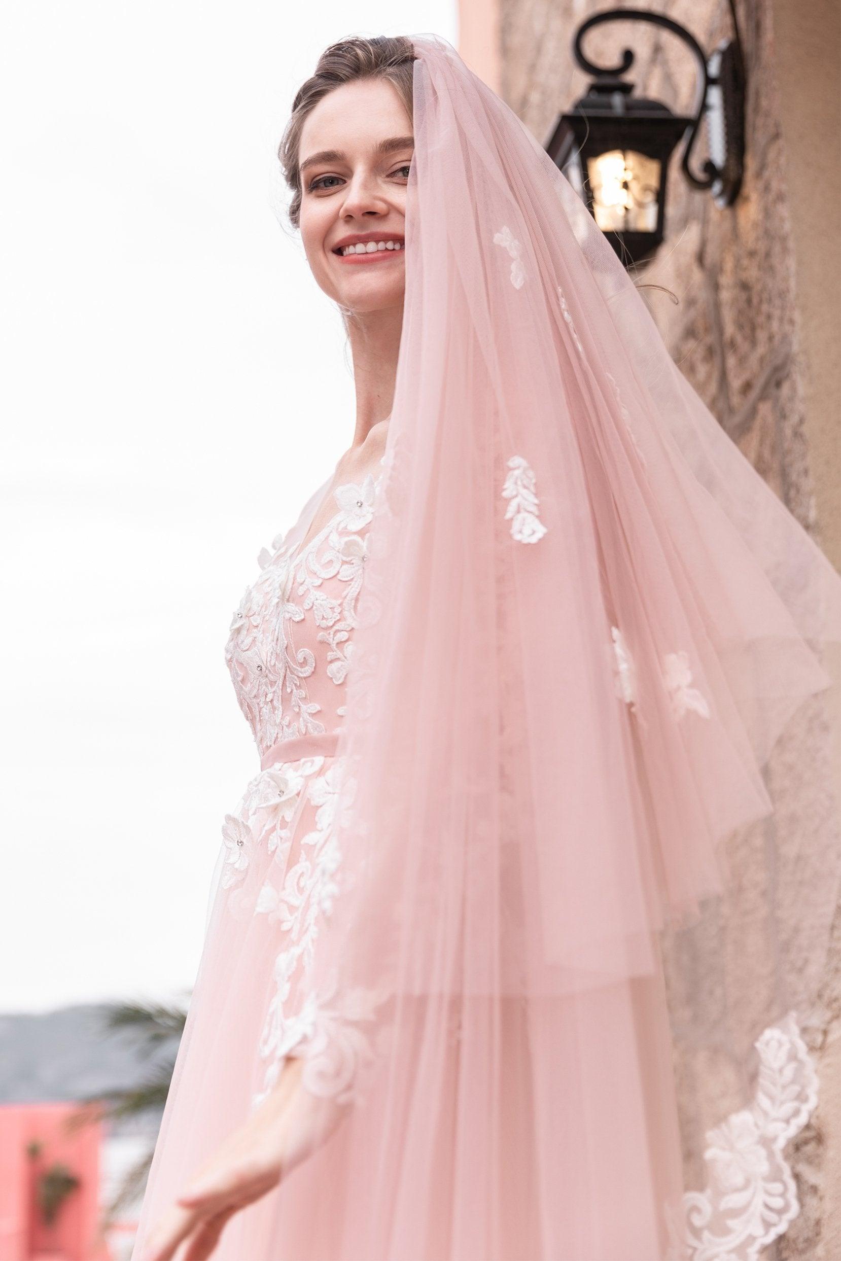Two-tier Lace Edge Tulle Cathedral Veils with Appliques CV0228 - COCOMELODY