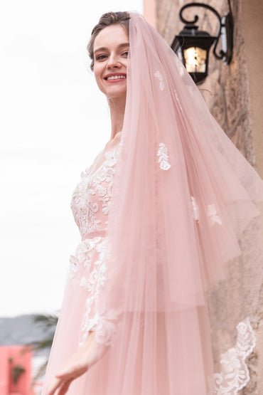 Two-tier Lace Edge Tulle Cathedral Veils with Appliques CV0228 - COCOMELODY