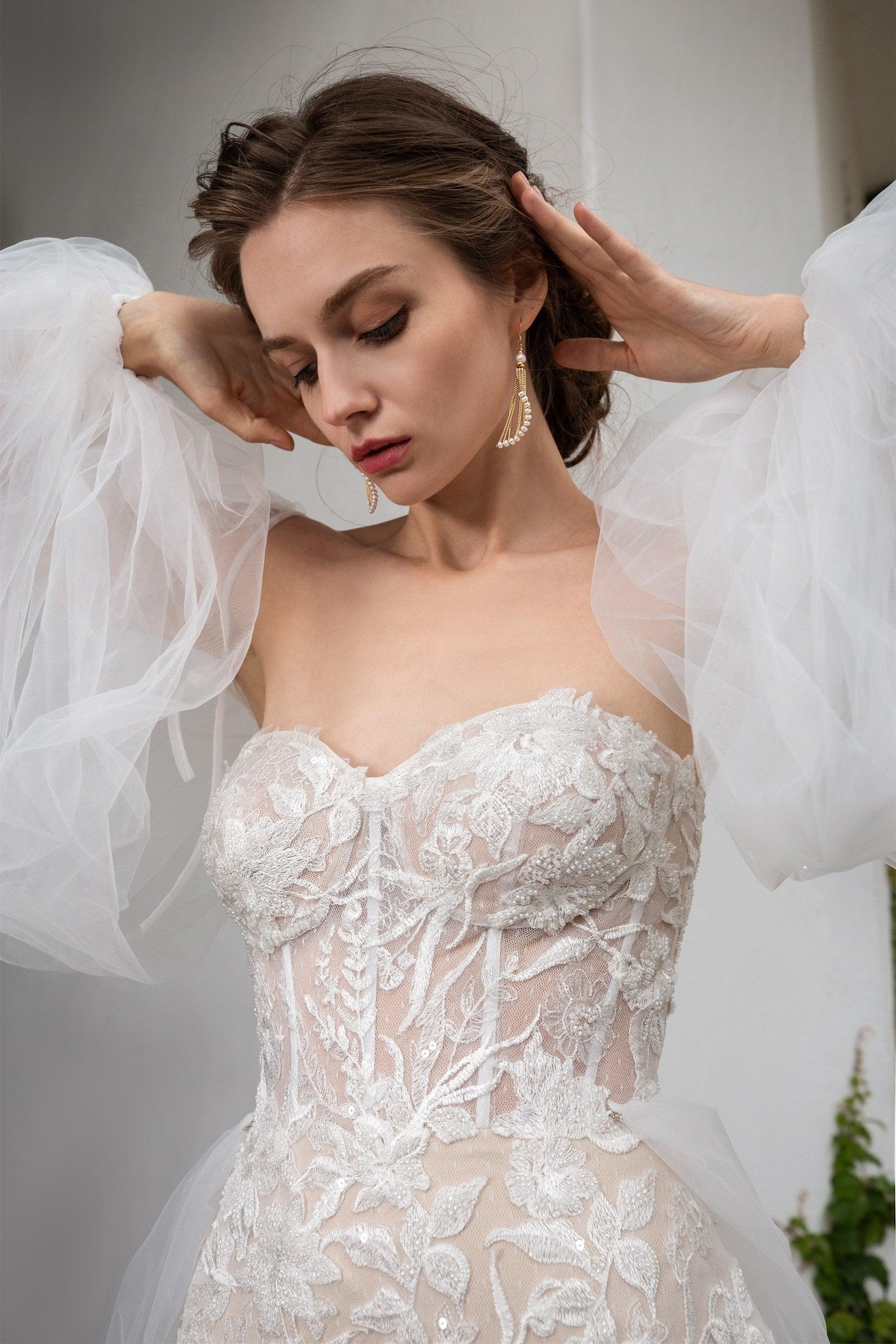 Trumpet Court Train Tulle Knitted Wedding Dress CW2360 - COCOMELODY