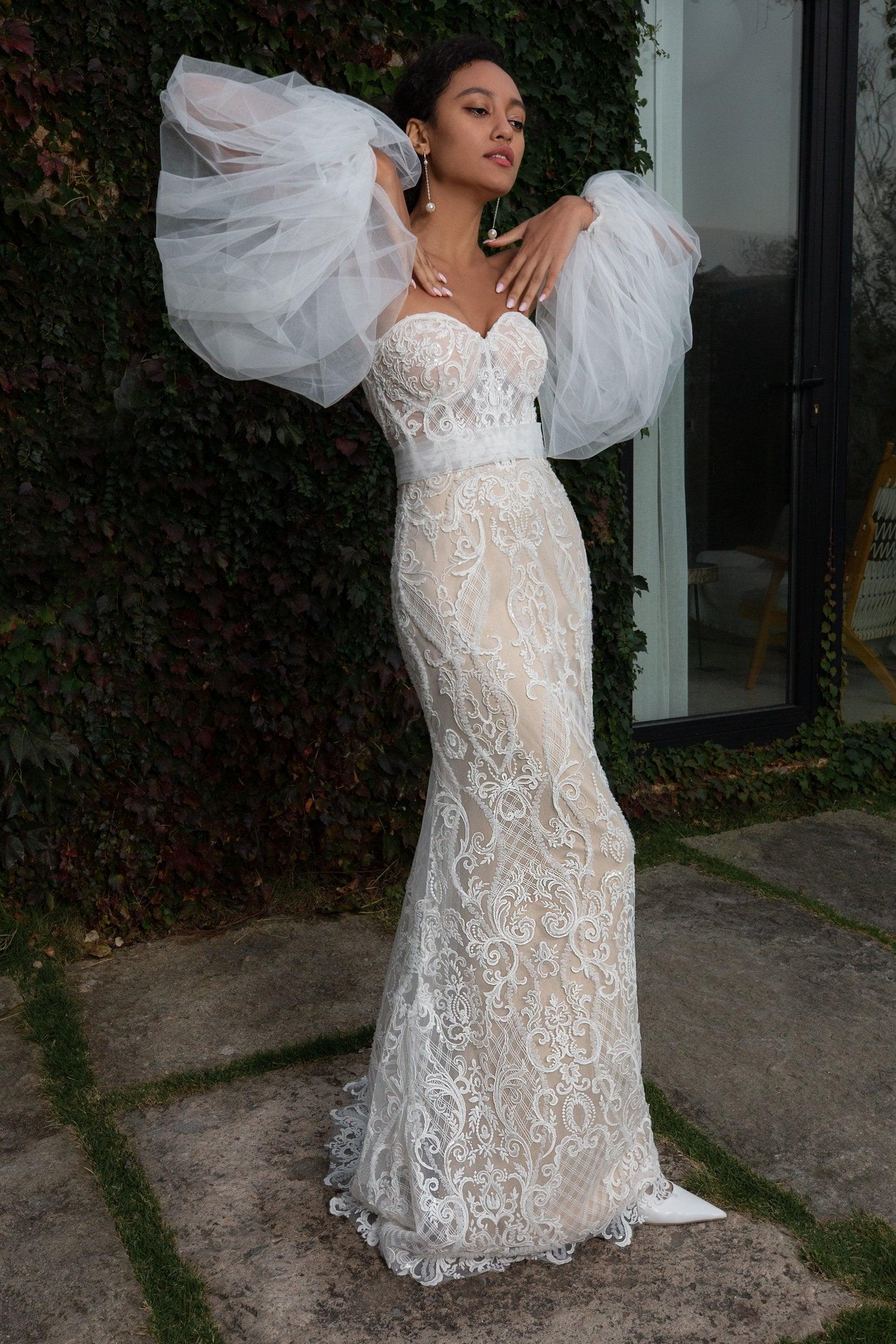 Trumpet Court Train Lace Knitted Fabric Wedding Dress CW2349 - COCOMELODY