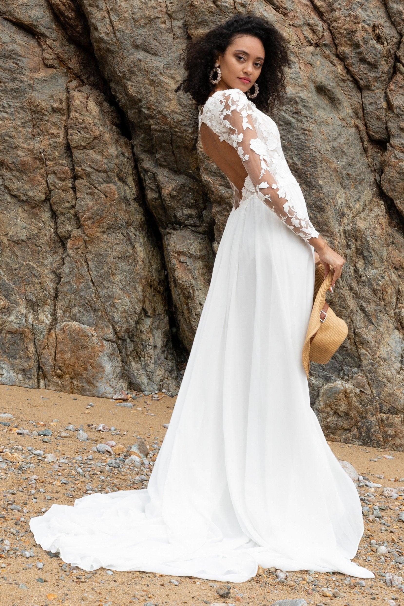A-Line Court Train Chiffon Lace Wedding Dress CW2352 - COCOMELODY