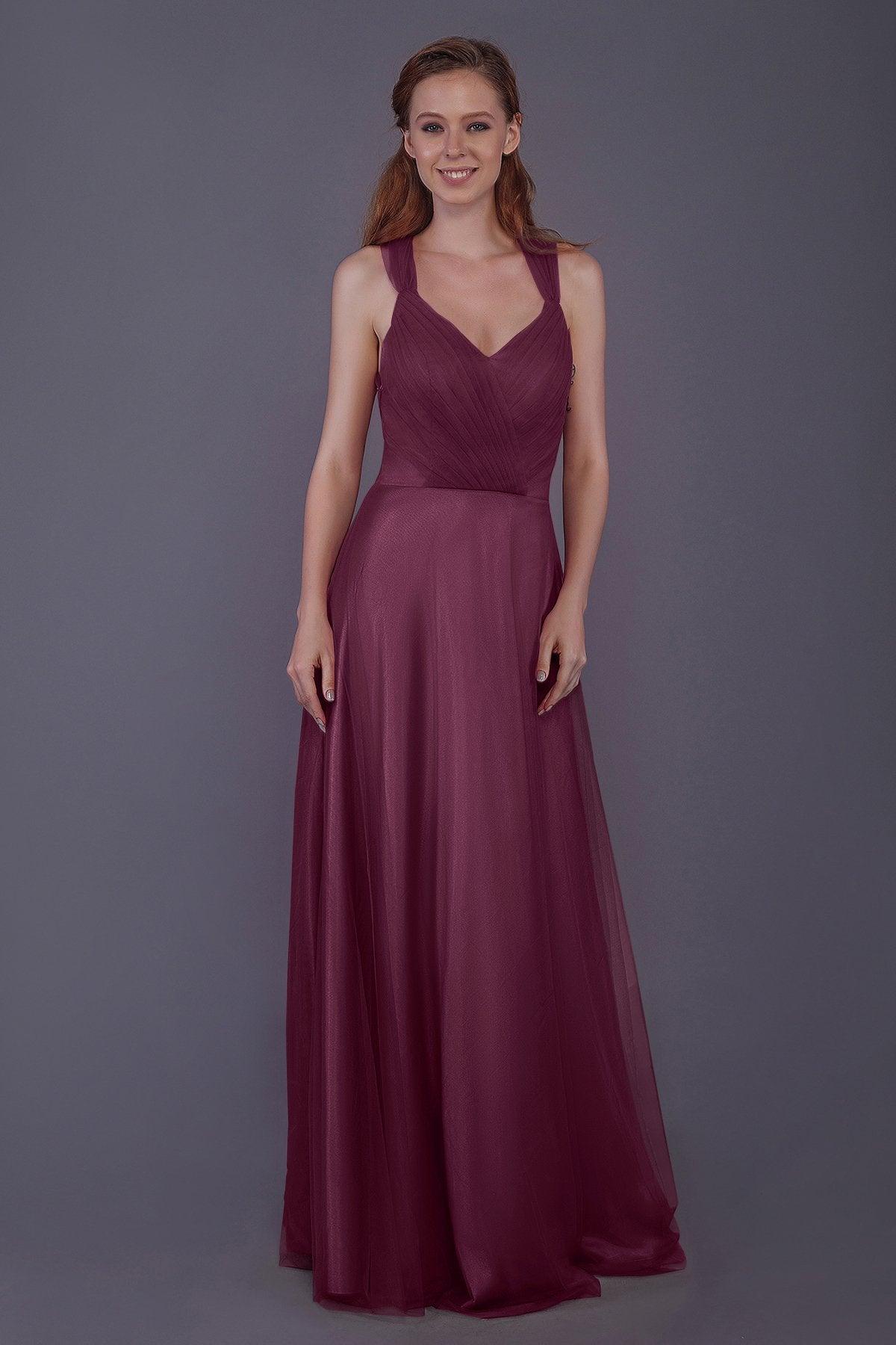 Sheath-Column Floor Length Tulle Bridesmaid Dress PR3496 - COCOMELODY