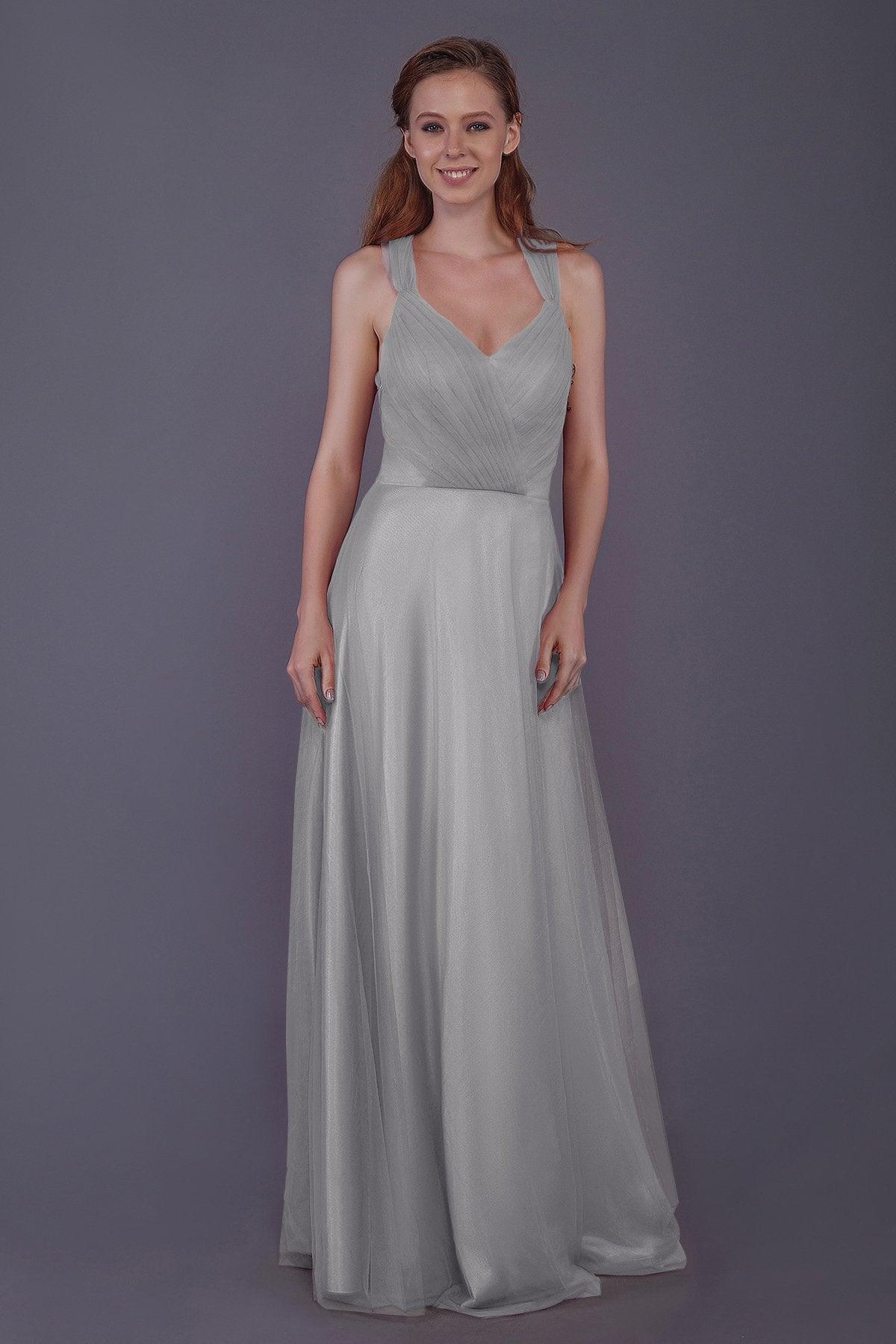 Sheath-Column Floor Length Tulle Bridesmaid Dress PR3496 - COCOMELODY
