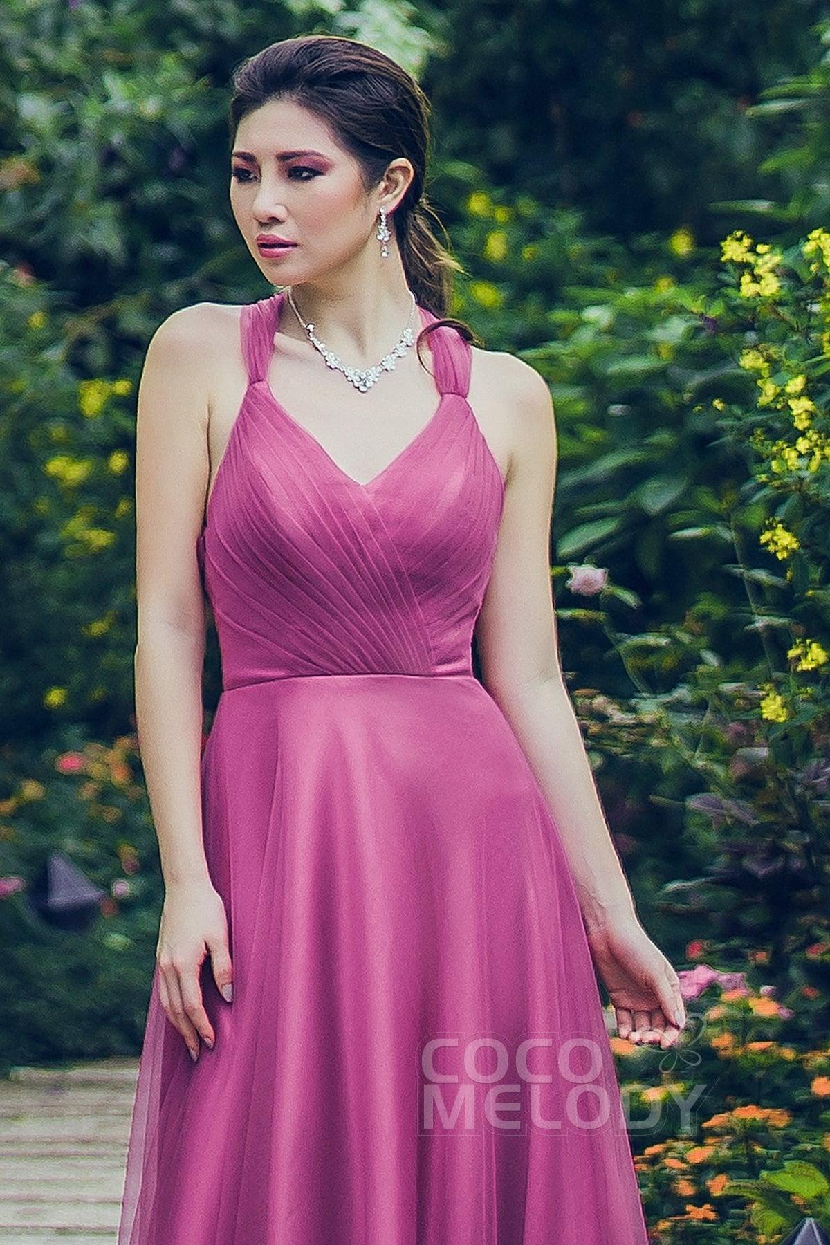 Sheath-Column Floor Length Tulle Bridesmaid Dress PR3496 - COCOMELODY