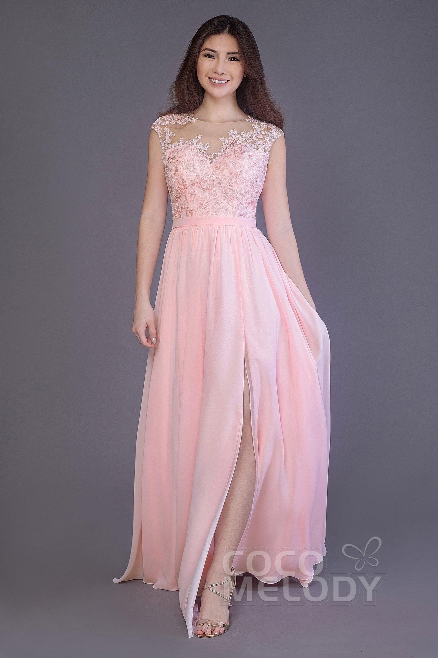 Sheath Floor Length Chiffon and Lace Bridesmaid Dress PR3554