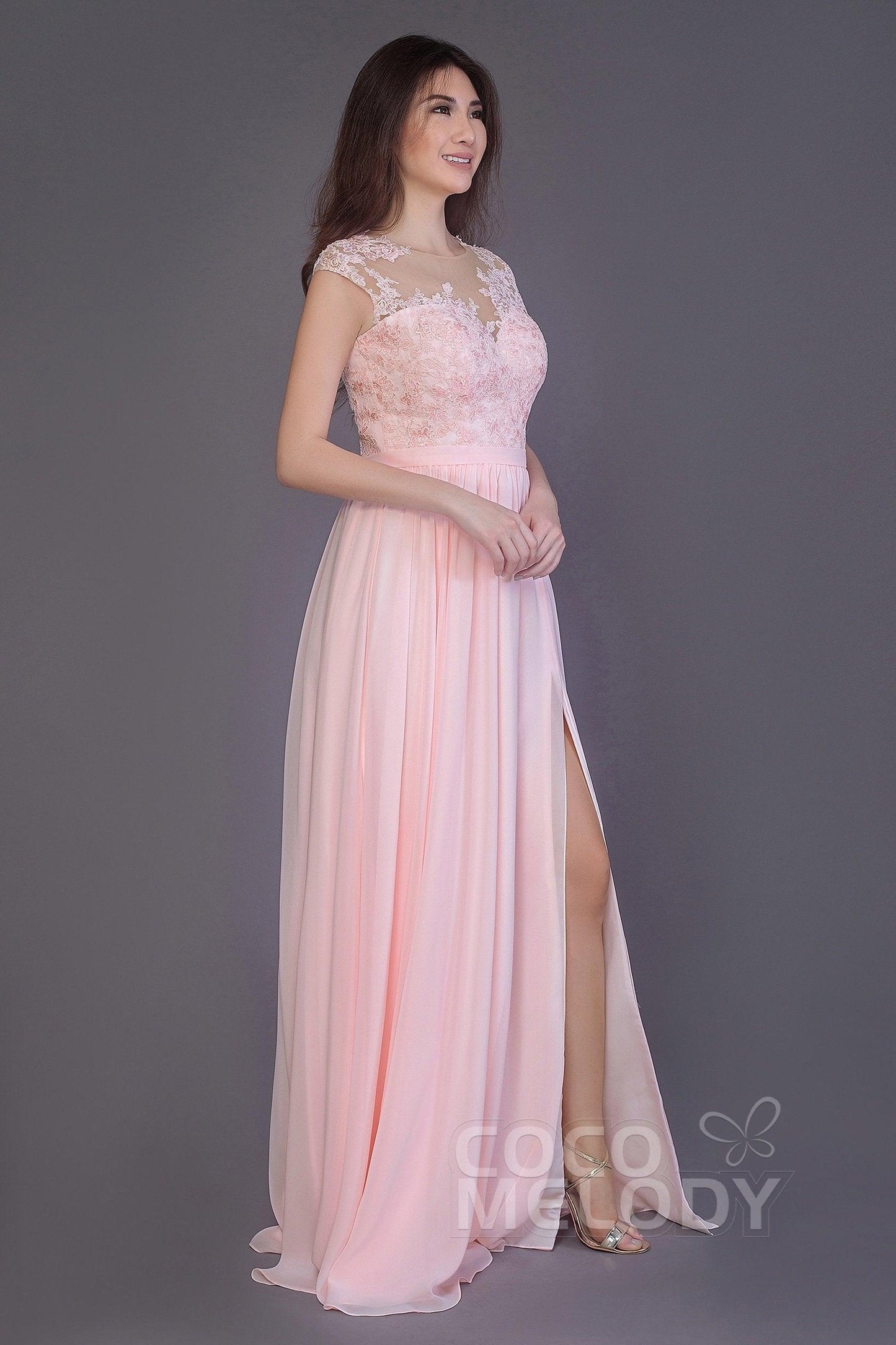 Sheath Floor Length Chiffon and Lace Bridesmaid Dress PR3554