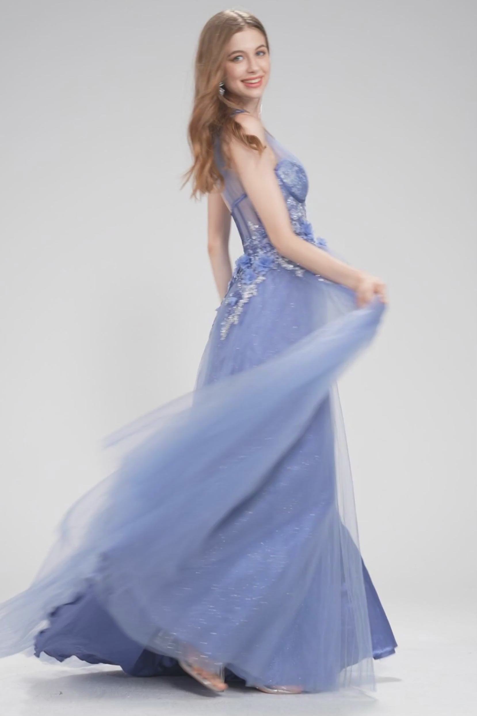 A-Line Sweep-Brush Train Tulle Prom Dress CS1069 - COCOMELODY
