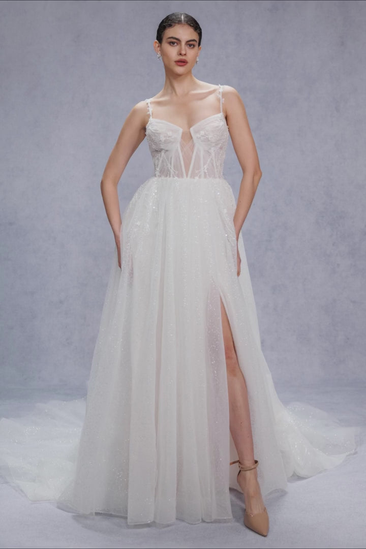COCOMELODY A-Line Court Train Sparkle Tulle Corset Wedding