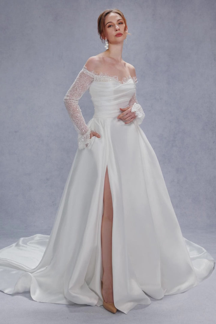 COCOMELODY A-Line Court Train Mikado Lace Elegant Wedding Dresses CW3335, 45 Days / Ivory / US22-UK24-EUR52