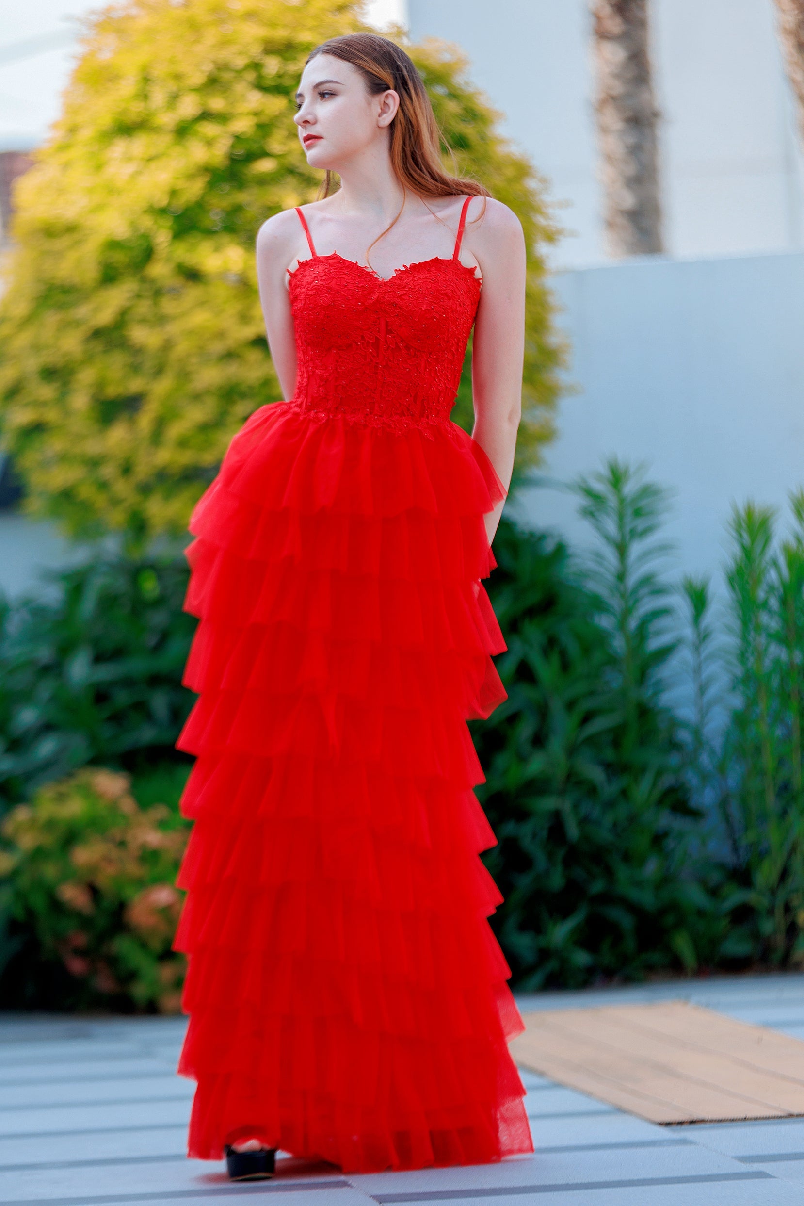 COCOMELODY Tiered Tulle Prom Dress with Appliques CS0496, Purple Dusk