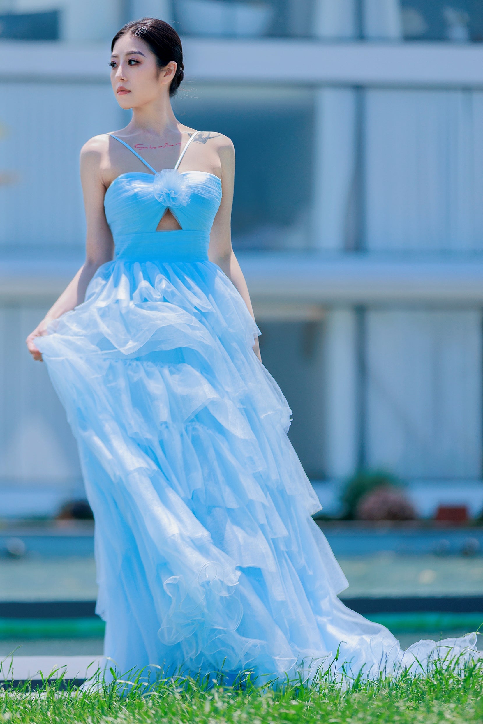 open lace back dress COCOMELODY Princess Tiered Blue Prom Dress CS0493, Olive Green