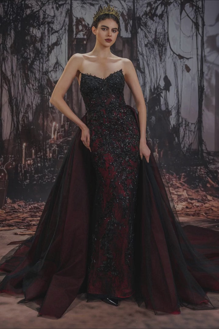 V-Neck Mermaid Black Wedding Dress Lace Tulle Detachable Chapel
