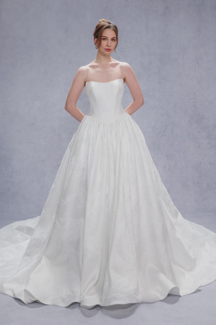 COCOMELODY Ball Gown Court Train Jacquard Satin Floral Wedding Dresses CW3533, 45 Days / Ivory / US16-UK18-EUR46