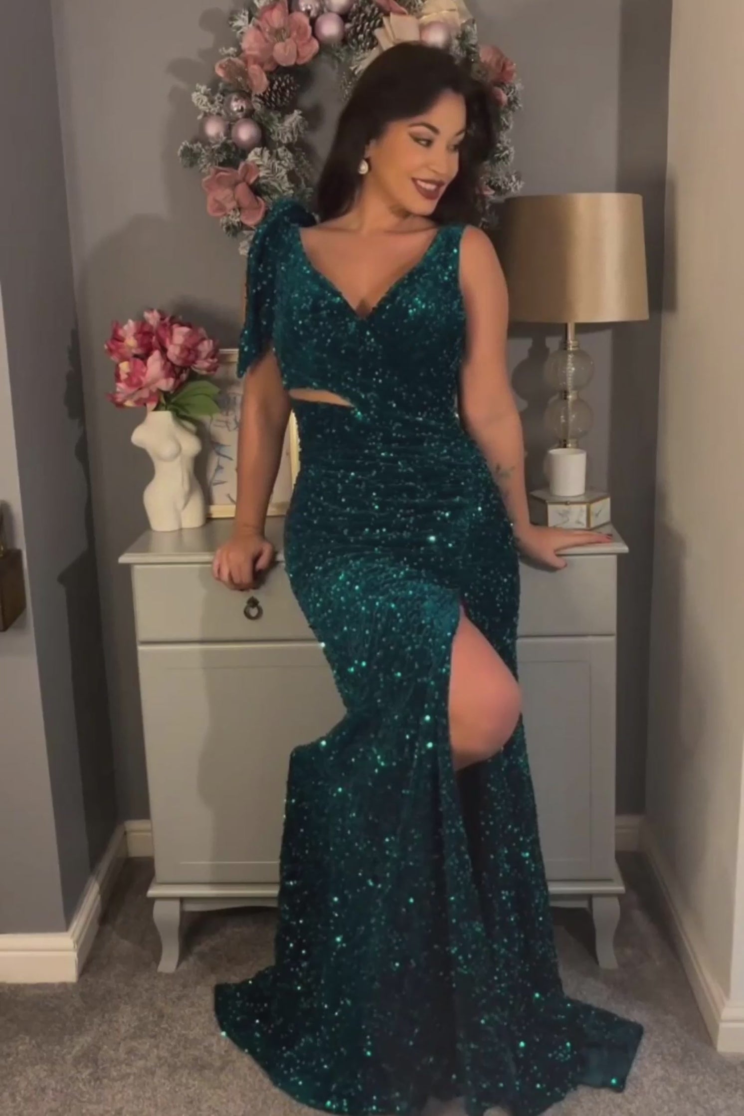 Sheath-Column Sweep-Brush Train Velvet Sequin Formal Dress CS0633 - COCOMELODY