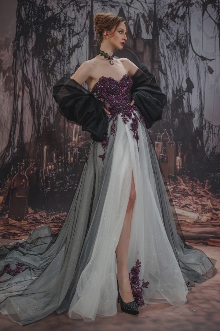 open lace back dress COCOMELODY A-Line Court Train Lace Tulle Black Wedding Dresses CW3345, 45 Days / As Picture / US0-UK2-EUR30