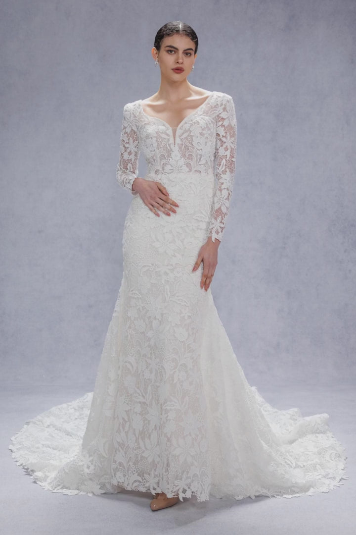 Trumpet-Mermaid Court Train Lace Tulle Wedding Dress CW3540 - COCOMELODY
