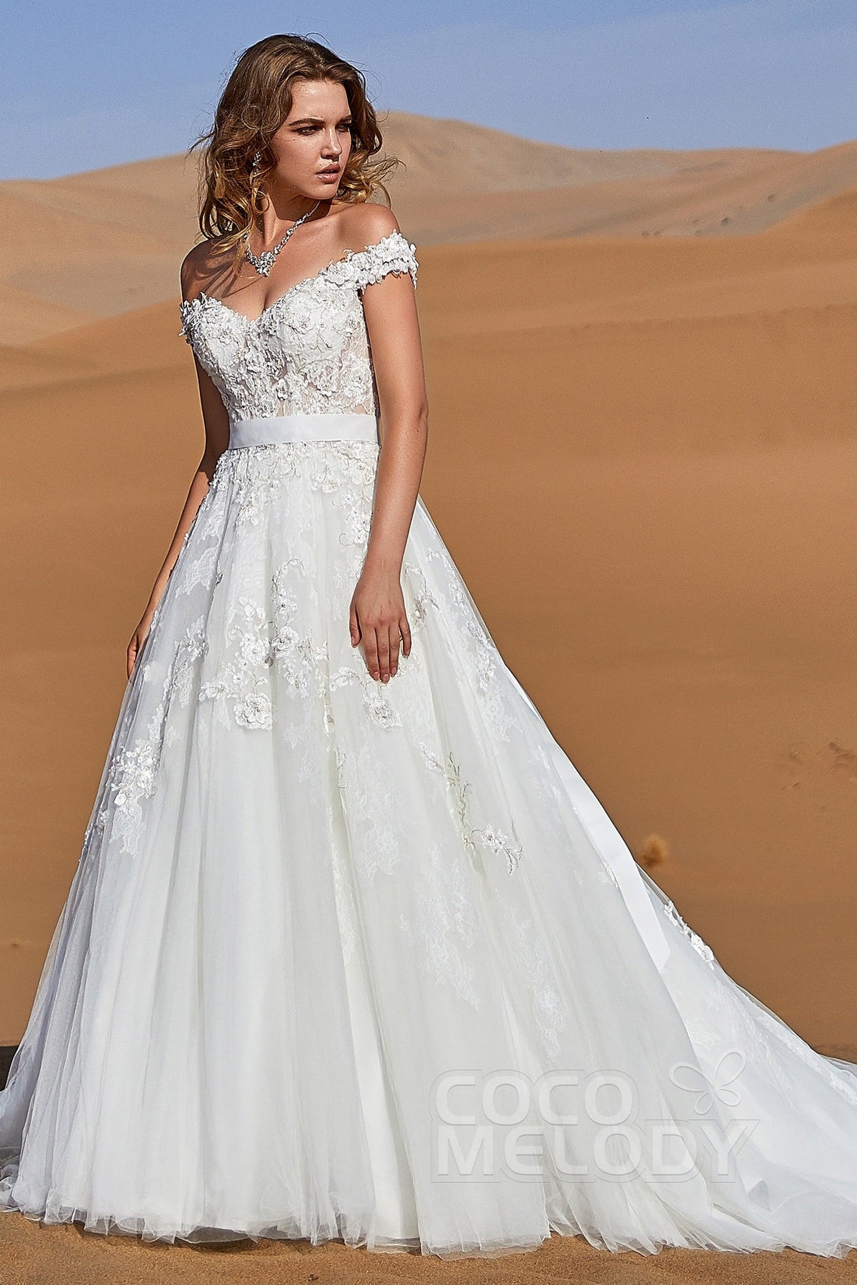 Off The Shoulder A Line Lace Wedding Dress Train