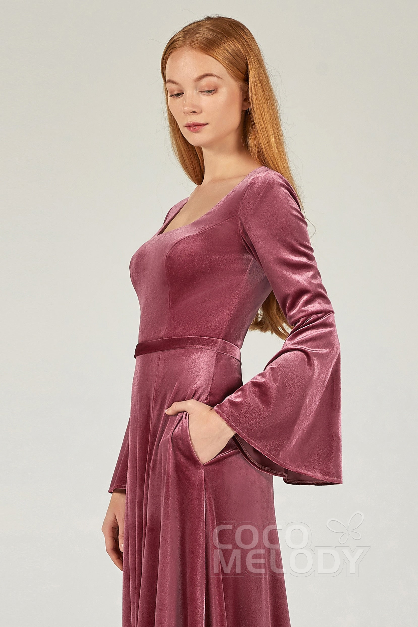 Square Velvet Bell Sleeve Bridesmaid Dress Split Pockets