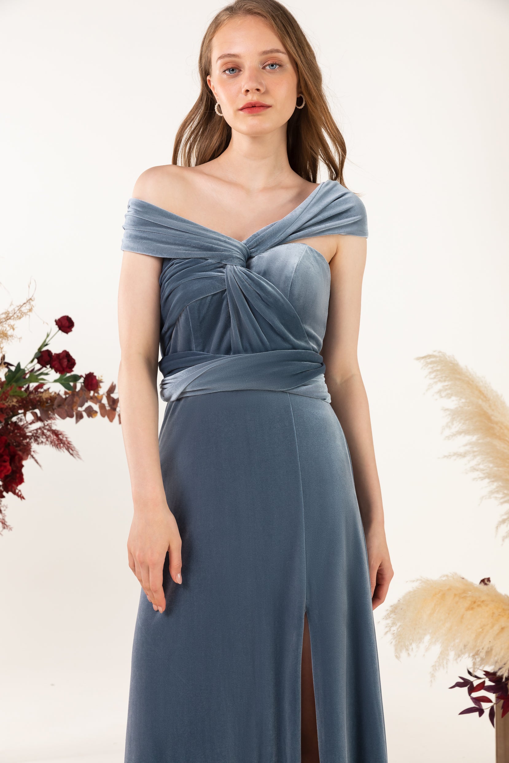 Sheath-Column Floor Length Velvet Bridesmaid Dress COCOMELODY CB0529, Navy
