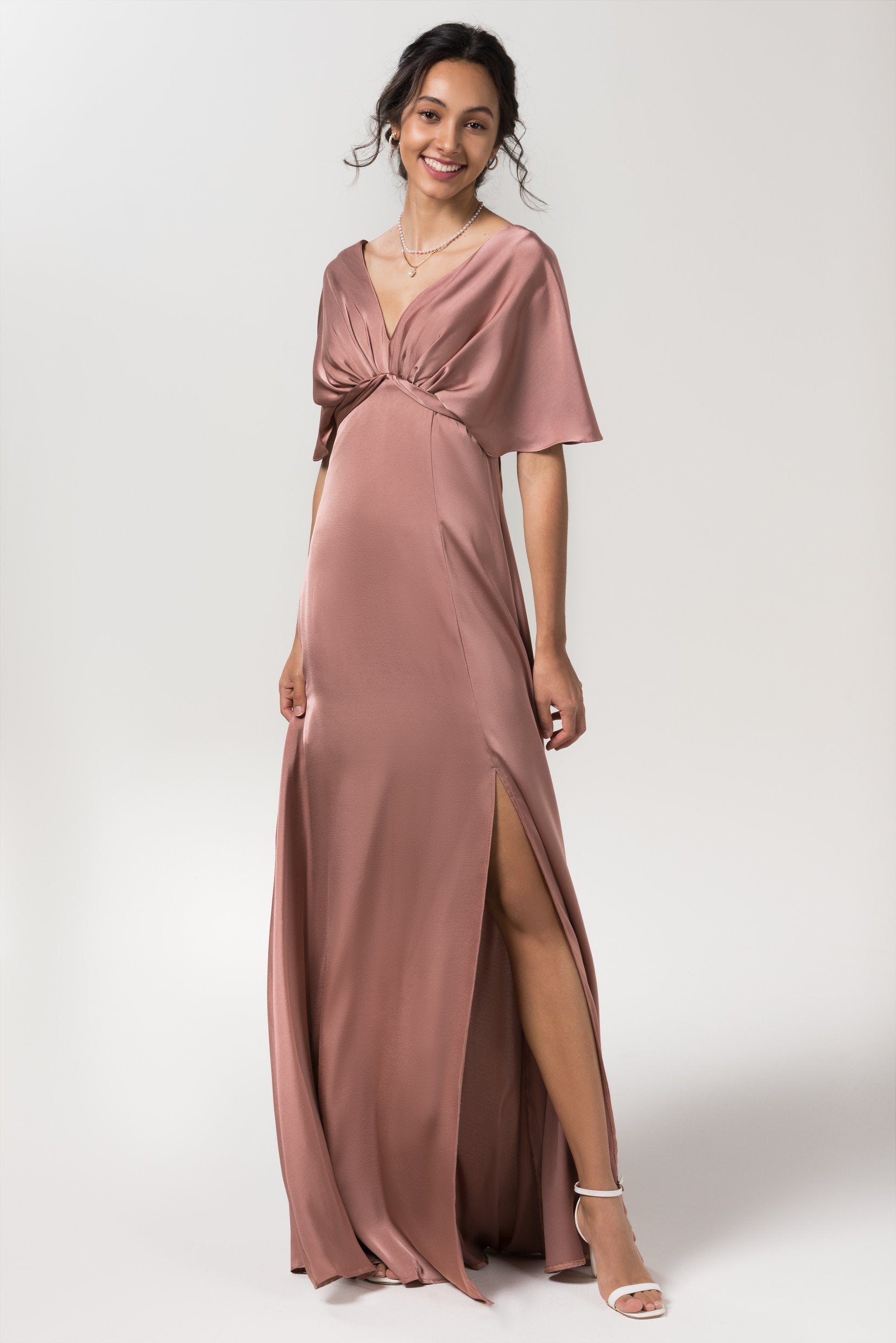 Sheath-Column Floor Length Satin Bridesmaid Dresses Short Sleeves Wedding Guest Dress COCOMELODY CB0584, Dusty Rose