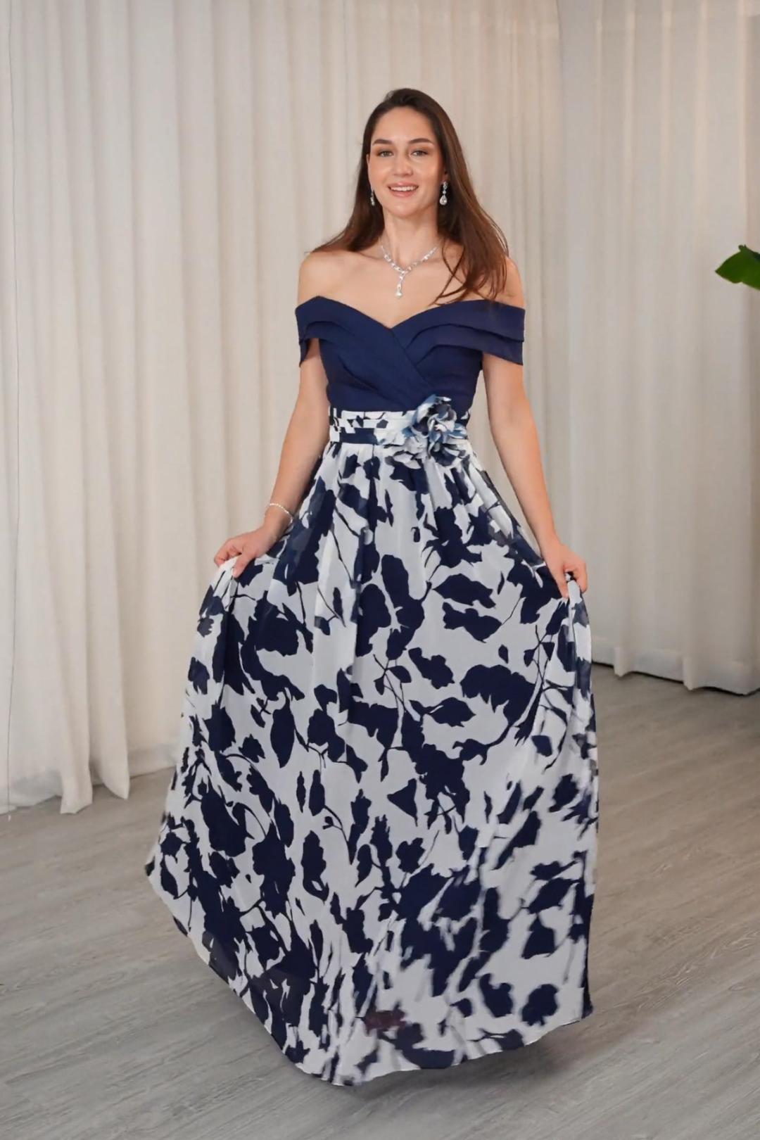 A-Line Maxi Stretch Satin Printed Chiffon Formal Mother of the Bride Dress Off the Shoulder COCOMELODY CM0440, Olive Green