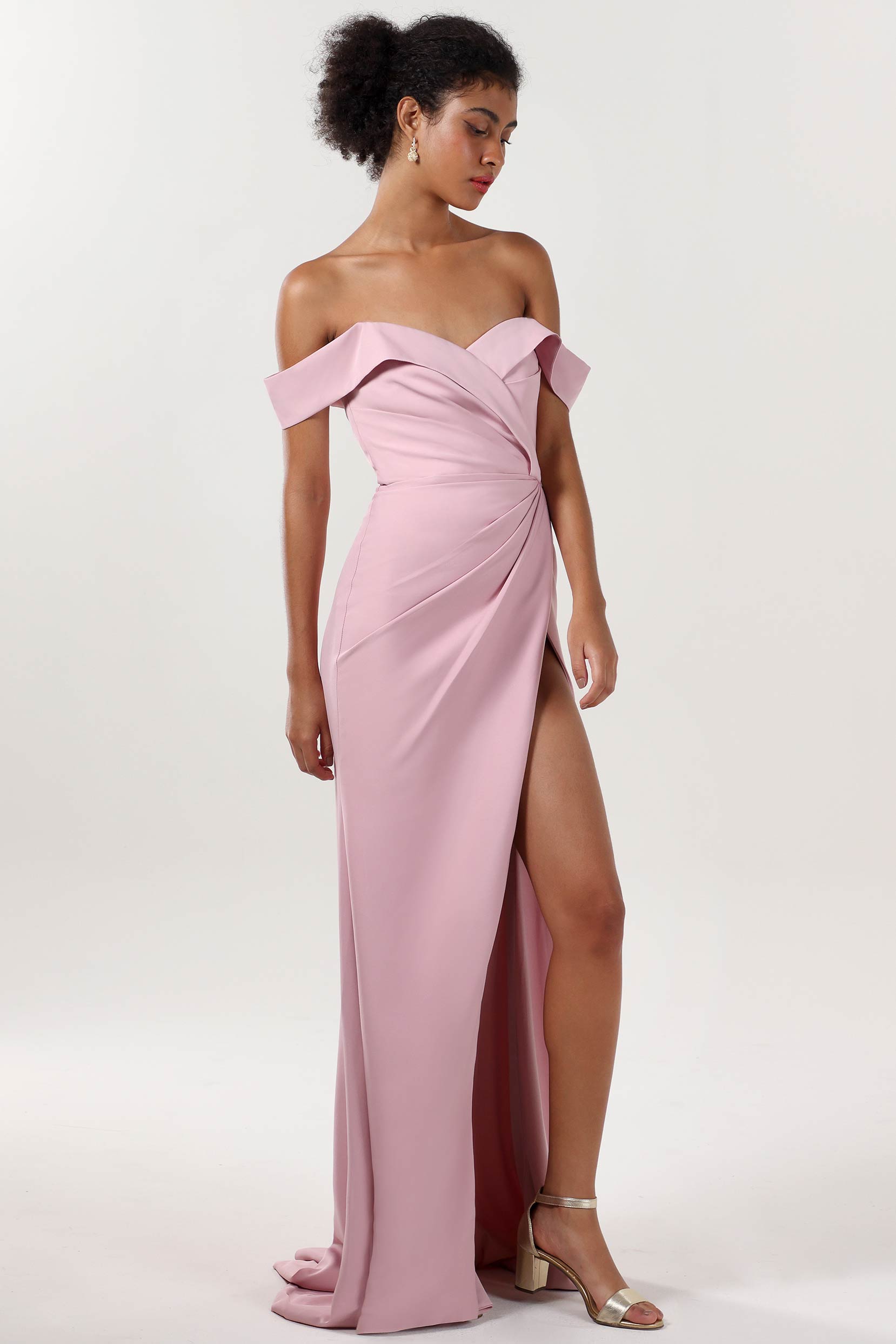 off the shoulder stretch crepe bridesmaid dress Cocomelody Sheath Sweep-Brush Train Pink Formal Dress Cocomelody CS0595, Lilac