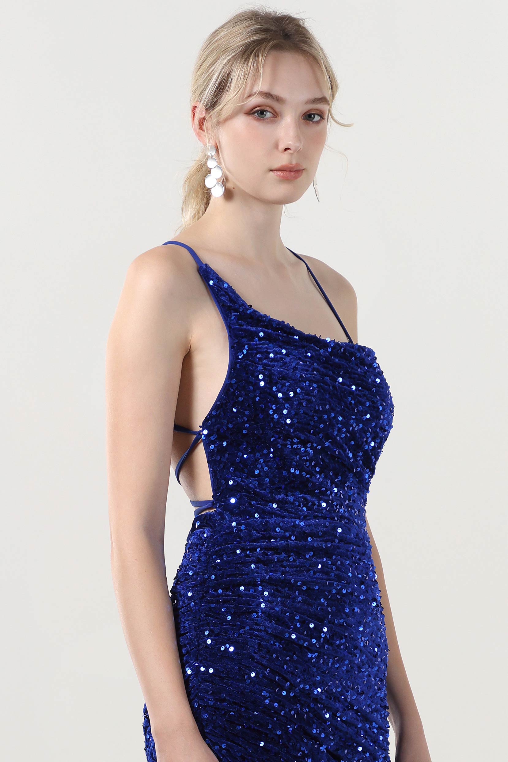Unique Velvet Sleeve Asymmetric Blue Sequin Party Dress