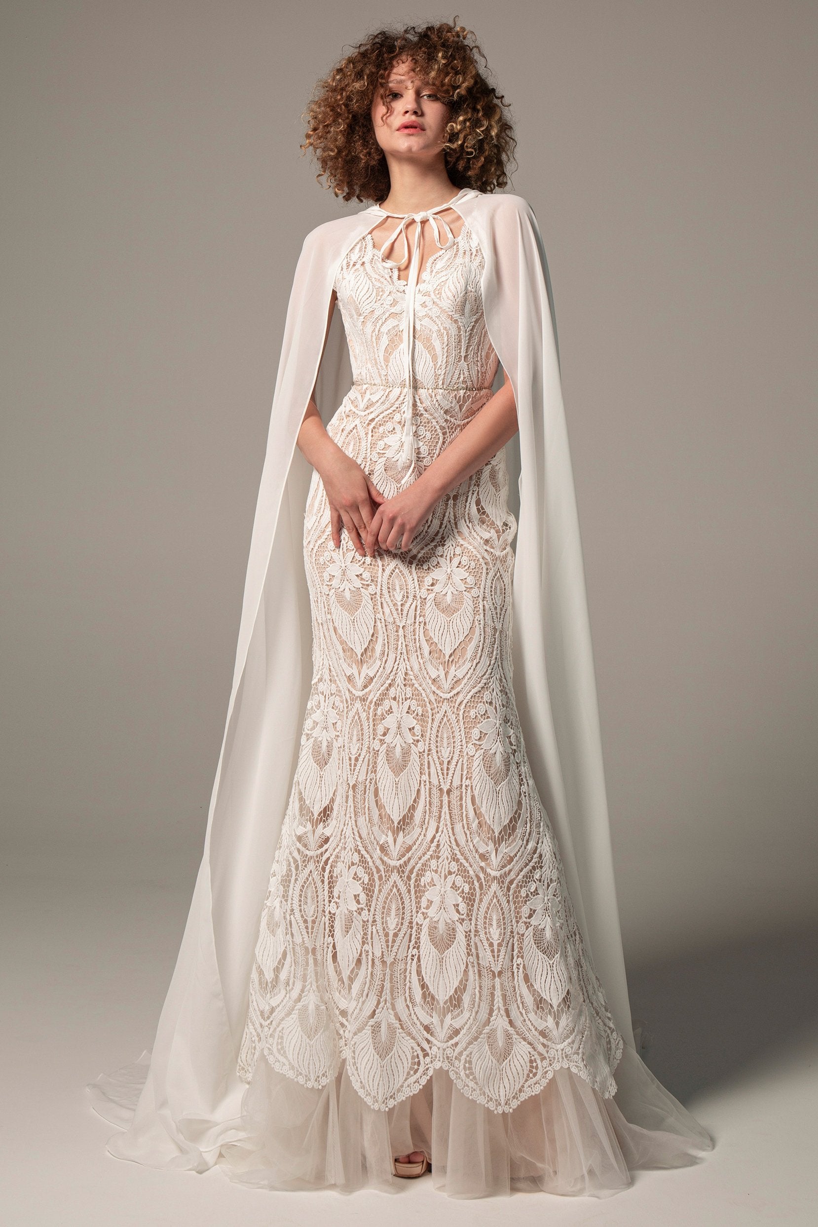 Trumpet V-Neck Sweep Train Chiffon Lace Wedding Dress COCOMELODY