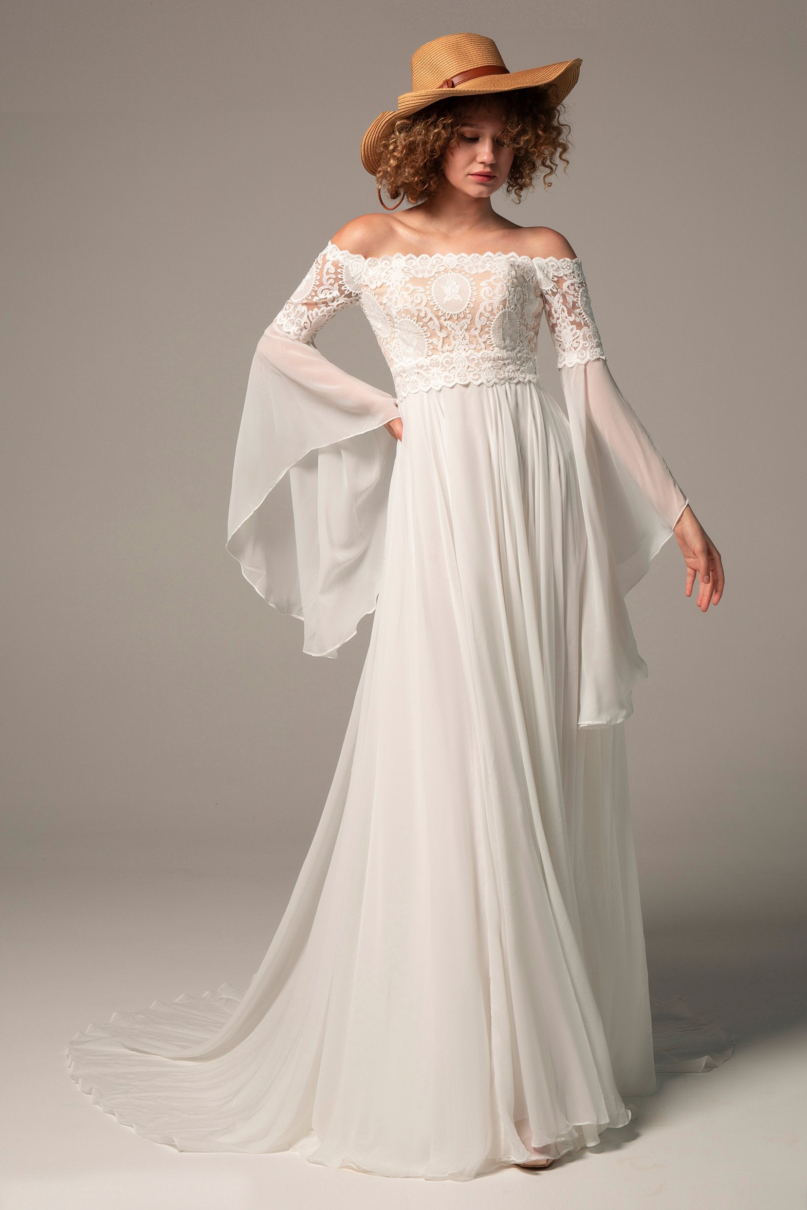 A-Line Off The Shoulder Chiffon Lace Bell Sleeve Wedding Dress COCOMELODY CW2223, 35 Days / Ivory / US6-UK8-EUR36