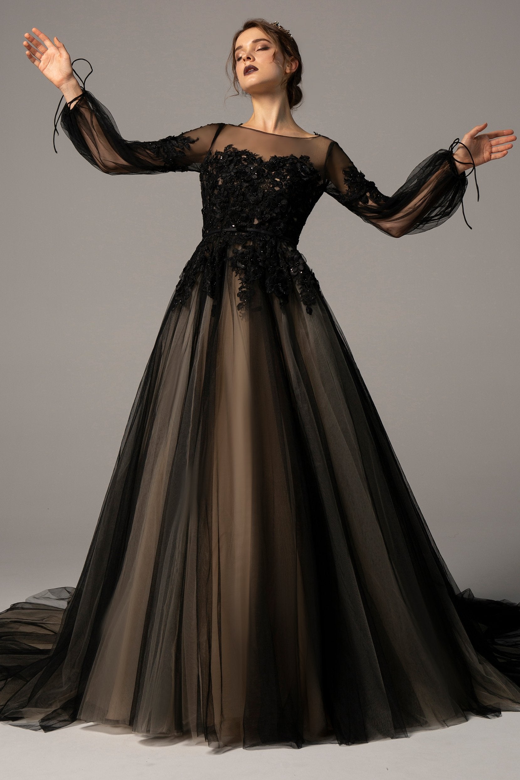 Bateau Court Train Tulle Long Sleeve Zipper Wedding Dress COCOMELODY CW2335, 45 Days / Black / US0-UK2-EUR30 Bateau Court Train Tulle Long Sleeve Zipper Wedding Dress COCOMELODY CW2335, 45 Days / Black / US0-UK2-EUR30