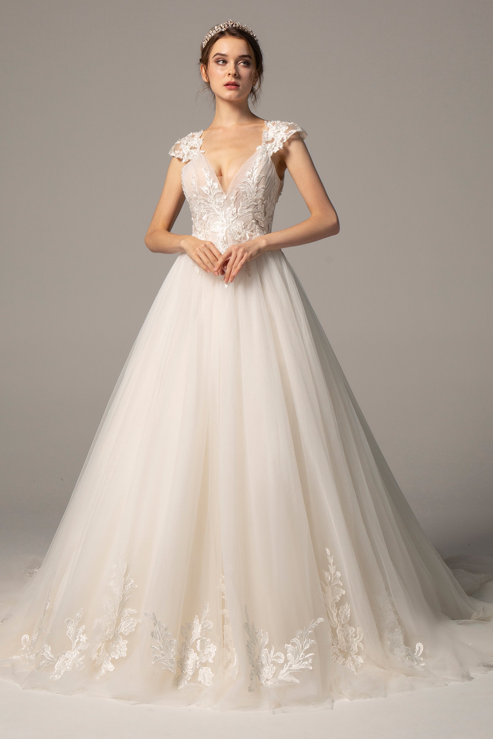 A-Line V-Neck Court Train Tulle Cap Sleeve Wedding Dress COCOMELODY CW2358, 45 Days / As Picture:Ivory/Sand / US4-UK6-EUR34