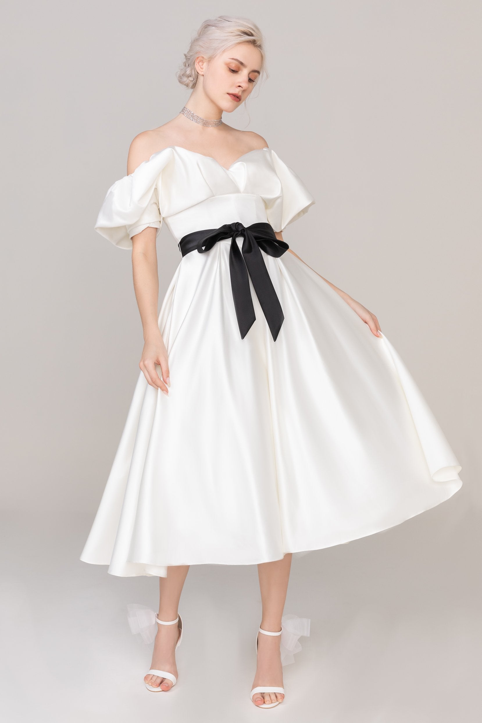 A-Line Off Shoulder Tea Length Satin Wedding Dress COCOMELODY CW2407, 45 Days / Ivory / US8-UK10-EUR38 A-Line Off Shoulder Tea Length Satin Wedding Dress COCOMELODY CW2407, 45 Days / Ivory / US8-UK10-EUR38