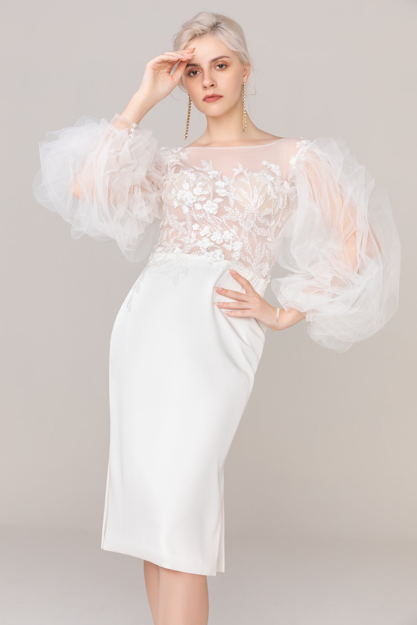 Sheath Knee Length Elastic Cloth Tulle Wedding Dress COCOMELODY CW2420, 45 Days / Ivory / US12-UK14-EUR42