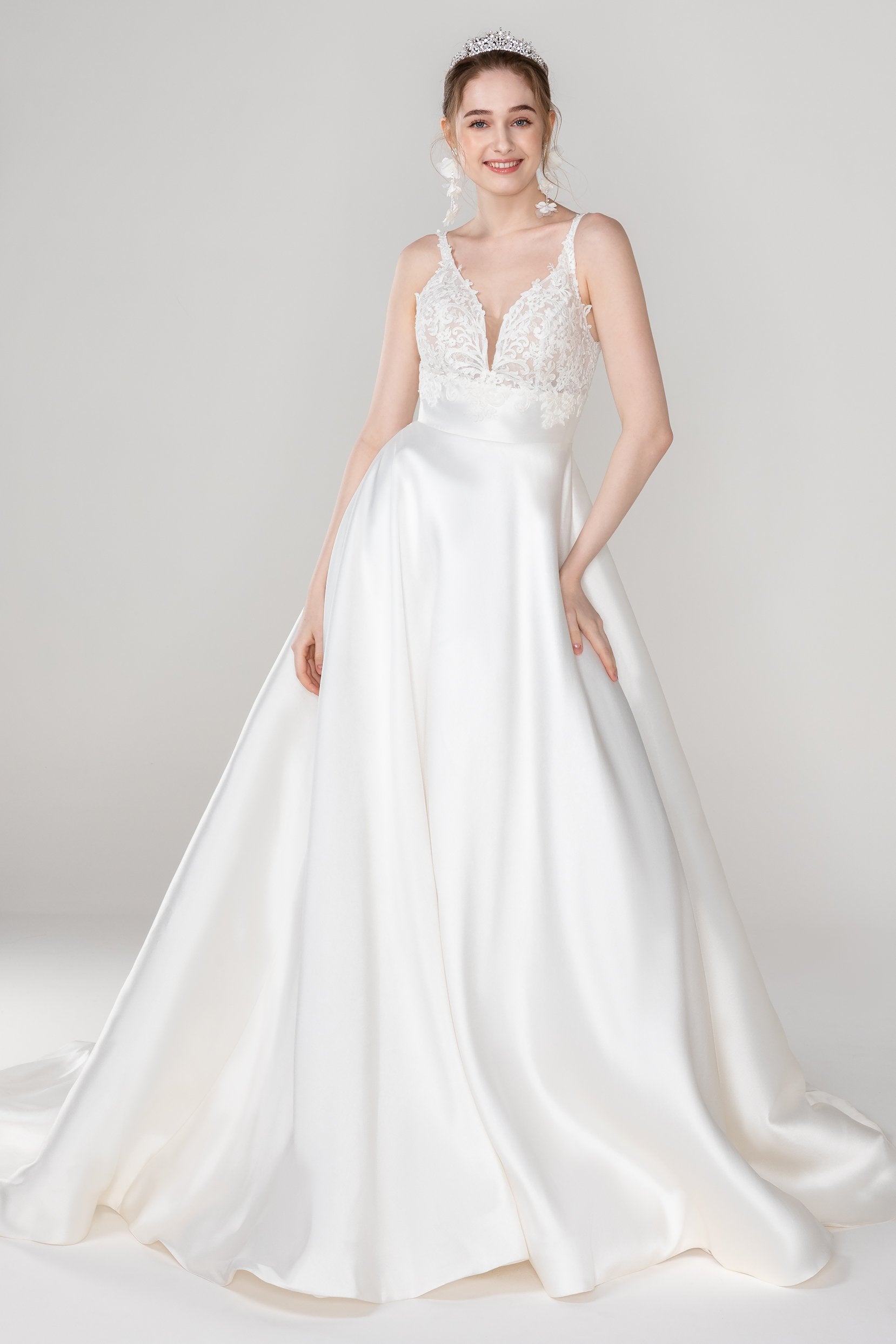 A-Line V-Neck Court Train Mikado Open Back Wedding Dress COCOMELODY CW2449, 45 Days / As Picture:Ivory/Nude / US0-UK2-EUR30