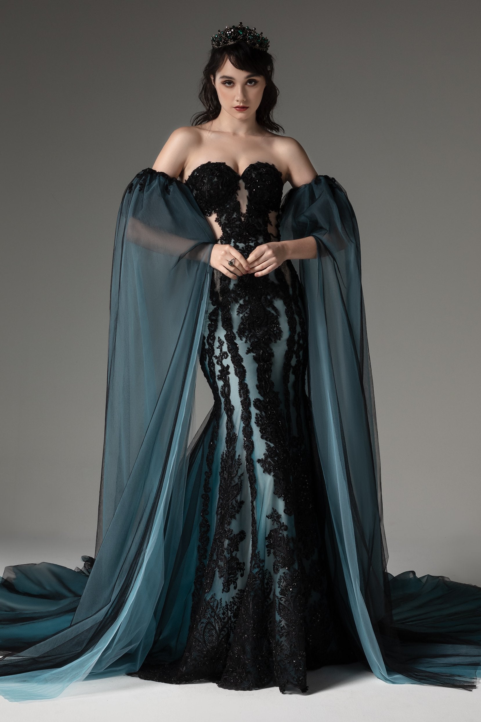gothic purple and black wedding dress Haunted Mansion Inspired Ballgown, Corset Full Skirt, Gown while scattered black lace adds drama and artistry throughout the skirt Instead of white skulls she