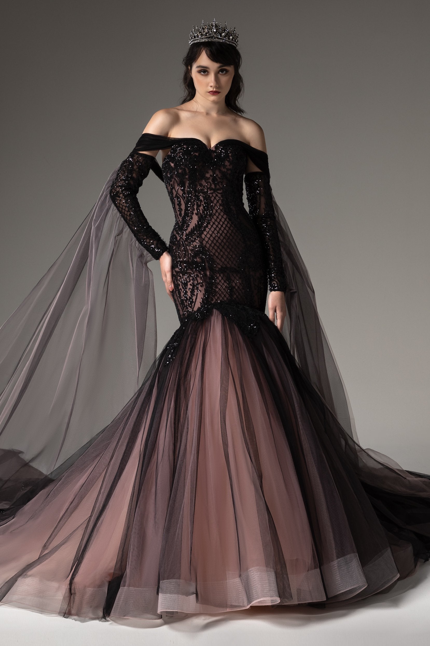 Wedding Dress With Black Lace Mermaid Prom Dress Off Shoulder