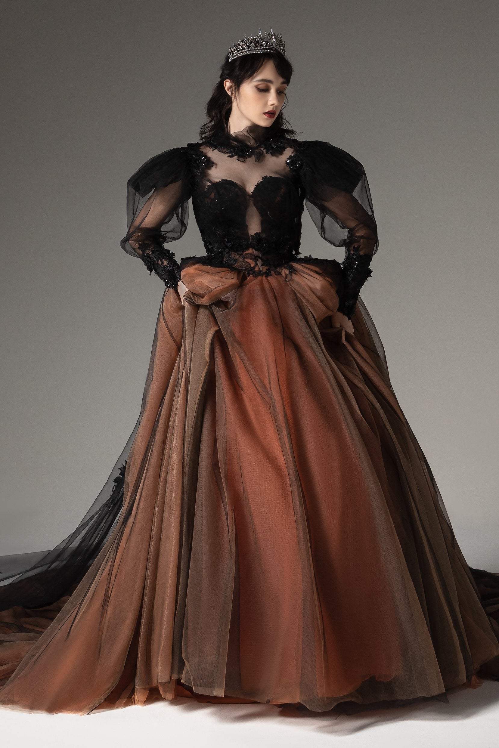 Ball Gown Tulle Wedding Dress with Long Sleeve Jacket COCOMELODY CW2510, 45 Days / As Picture:Black/Pumpkin / US0-UK2-EUR30 Ball Gown Tulle Wedding Dress with Long Sleeve Jacket COCOMELODY CW2510, 45 Days / As Picture:Black/Pumpkin / US0-UK2-EUR30