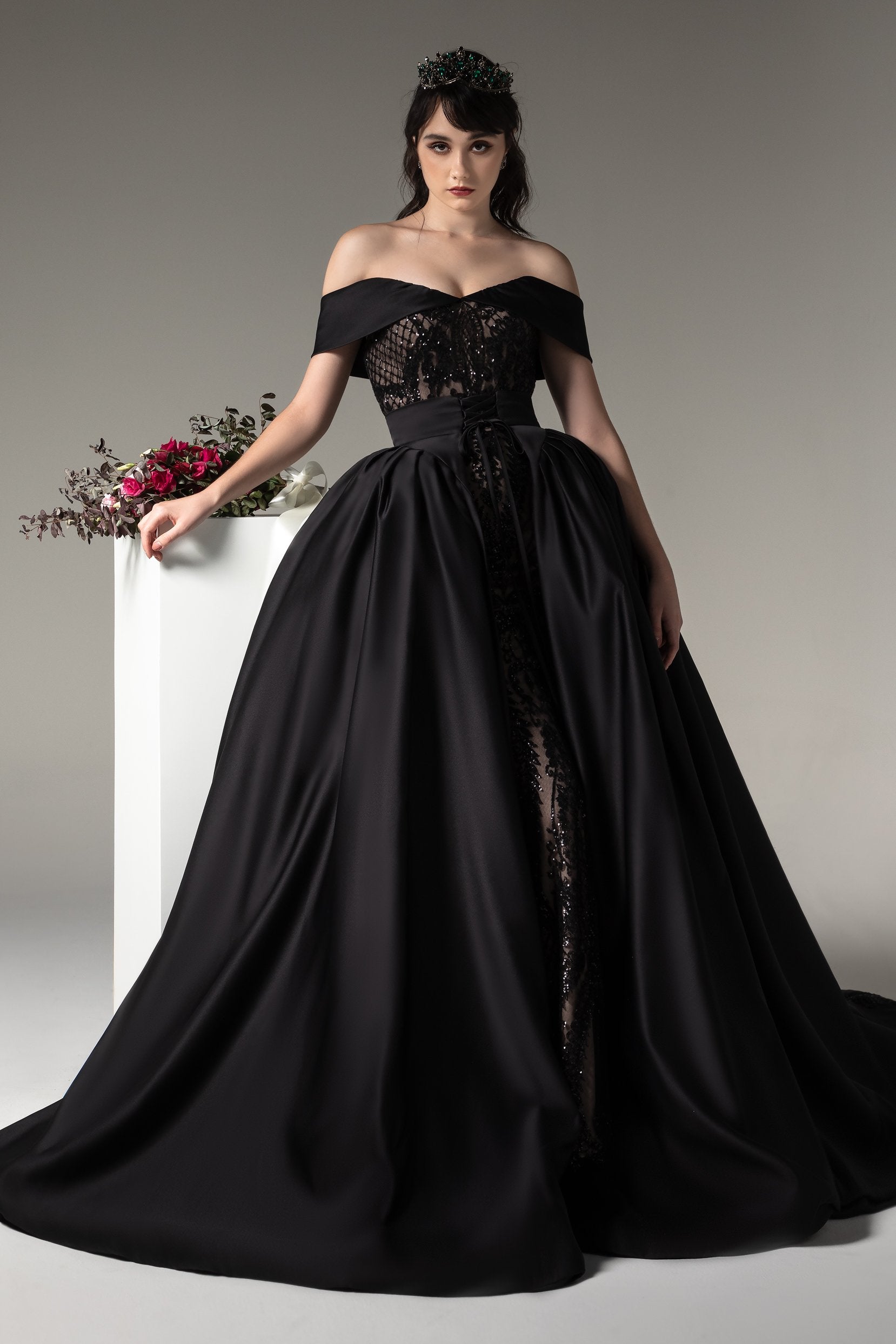 Off Shoulder Princess Black Wedding Dress Satin Detachable Skirt COCOMELODY CW2513, 45 Days / Black / US0-UK2-EUR30 Off Shoulder Princess Black Wedding Dress Satin Detachable Skirt COCOMELODY CW2513, 45 Days / Black / US0-UK2-EUR30